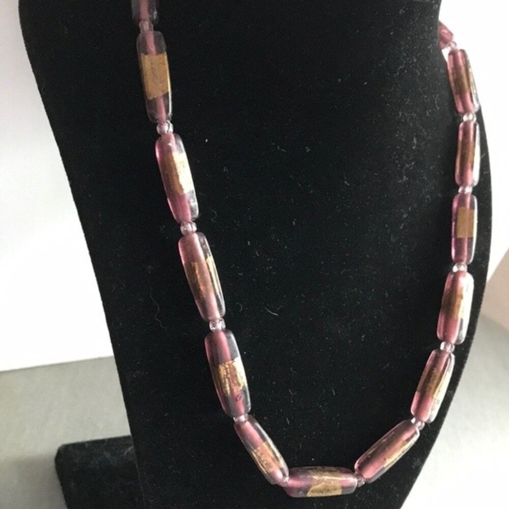 Vintage Purple with Gold Indian Glass Necklace Sterling Silver Clasp 19.5" - Picture 2 of 8